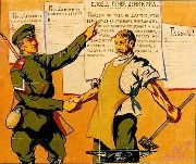 Белогвардейский плакат времен Гражданской войны  Текст на листовке: "Пойдем мы туда не для того, чтобы вернуться к старым порядкам, не для защиты сословных и классовых интересов, а чтобы создать новую, светлую жизнь всем: и правым, и левым, и казаку, и крестьянину, и рабочему.